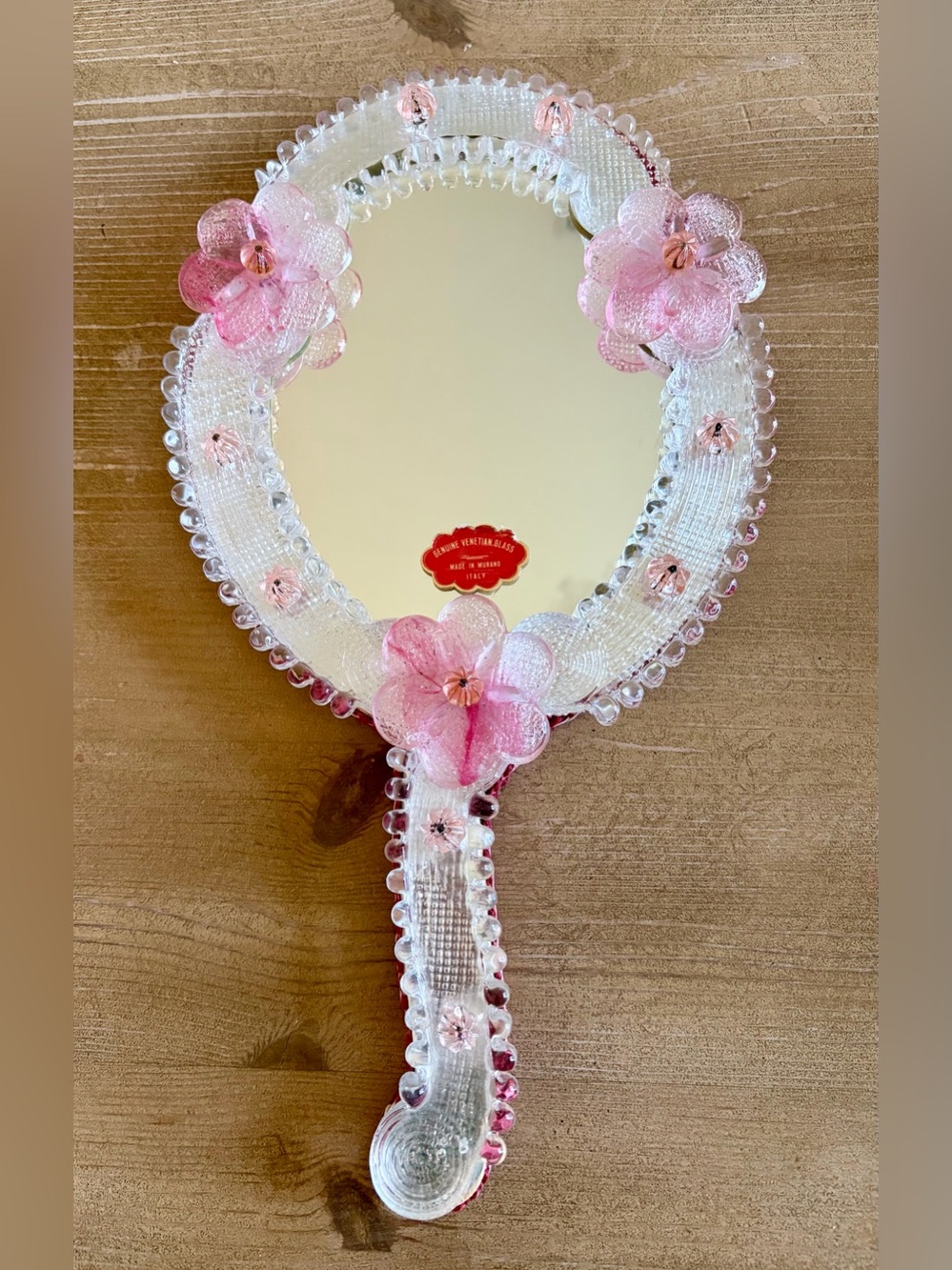 1950s Vintage Italian Venetian Hand-Blown Pink Floral Murano Glass Hand Mirror